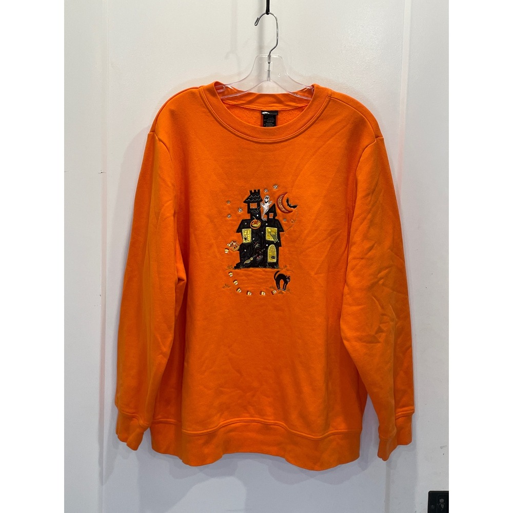 Halloween Celestial Sweatshirt 2X Graphic Embroidery Crescent Moon Stars Cat